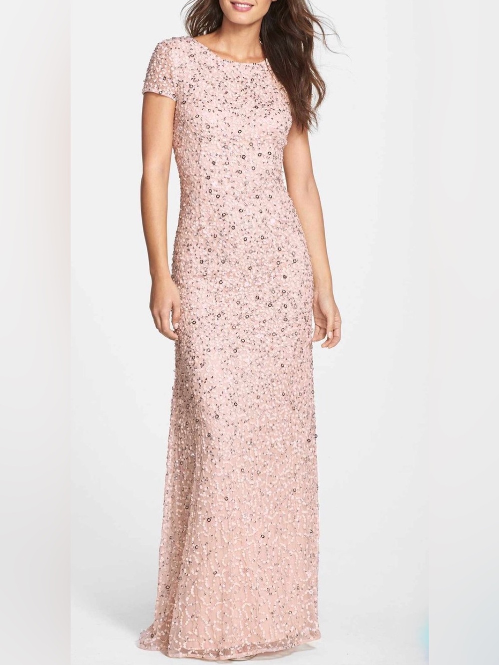 Adrianna Papell Short Sleeve Sequin Mesh Gown in Pink Mauve